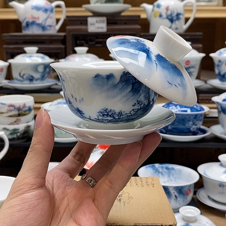 手绘烟雨江南悬停盖碗150cc釉下彩微瑕福利款