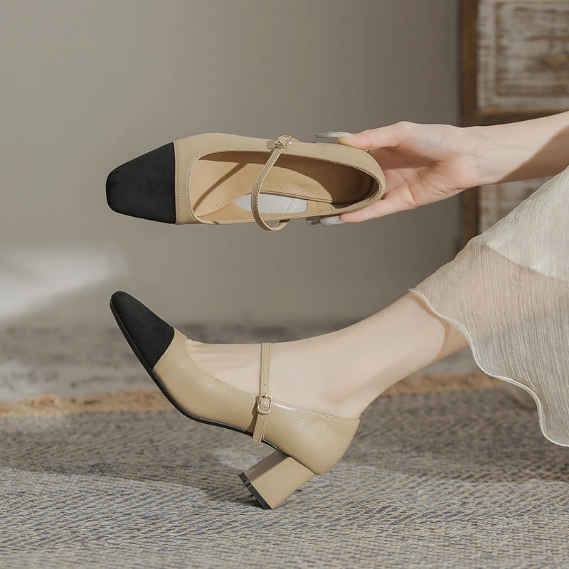 2025年新款拼色小香风单鞋女粗跟中跟瓢鞋气质法式高跟玛丽珍鞋子