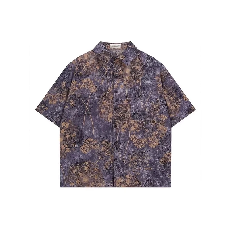古着新中式蒲公英印花短袖夏季宽松ins港风度假衬衣小众港风衬衫