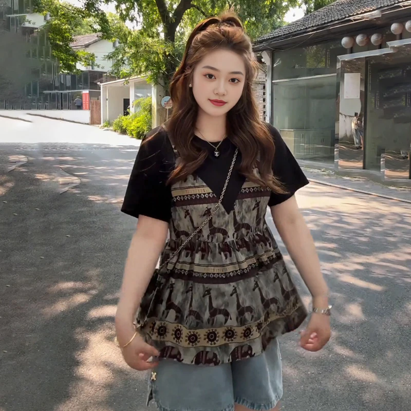 【6768】大码女装胖mm拼接显瘦假两件短袖T恤夏季复古印花小衫上衣