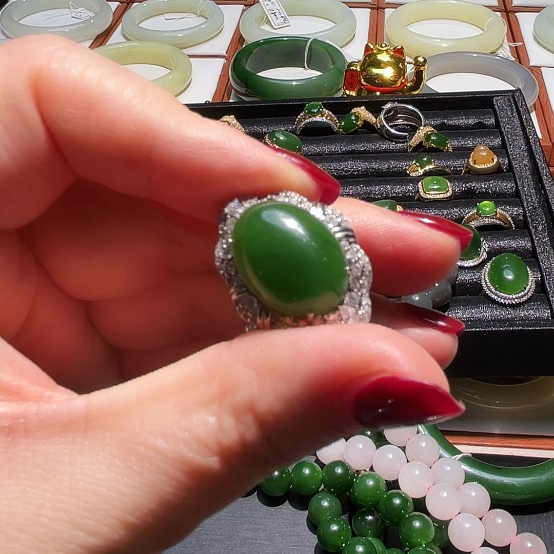 银S925镶嵌戒指和田玉启**景俄料