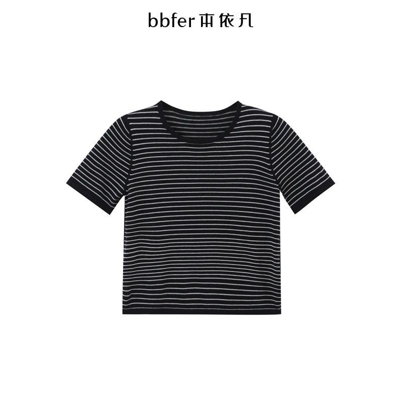 本依凡春款女士针织衫WYSZZ0009圆领套头衫条纹简约短袖上衣