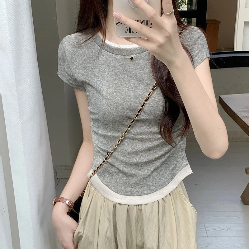 设计感不规则正肩假两件撞色圆领短袖T恤女夏褶皱收腰显瘦上衣ins