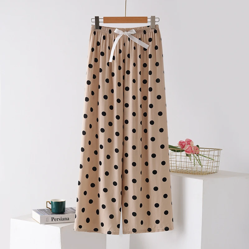 棉绸阔腿睡裤女夏季新款可外穿休闲可爱波点家居服防蚊裤高腰长裤