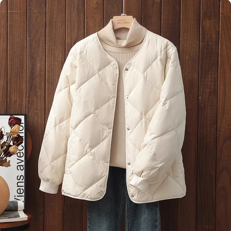 时尚高级感长袖圆领棉服加厚保暖内胆小个子米白色排扣棉衣外套女