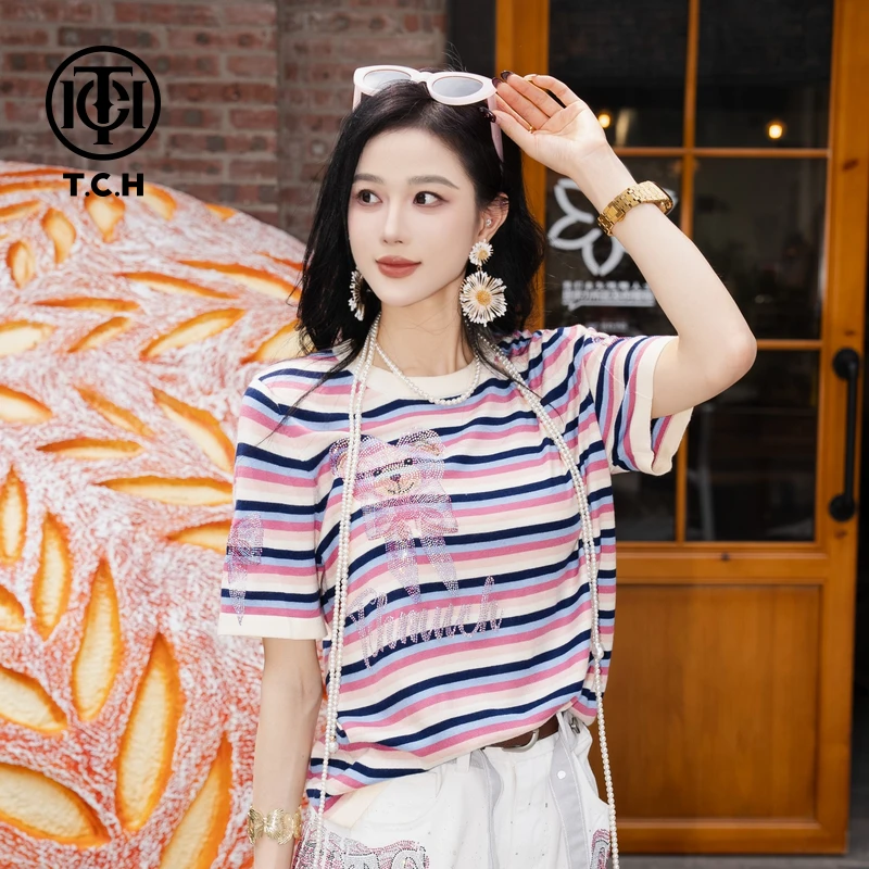 TCH私服烫钻工艺新款时尚休闲百搭针织T恤女T75A09E5140轻奢tch