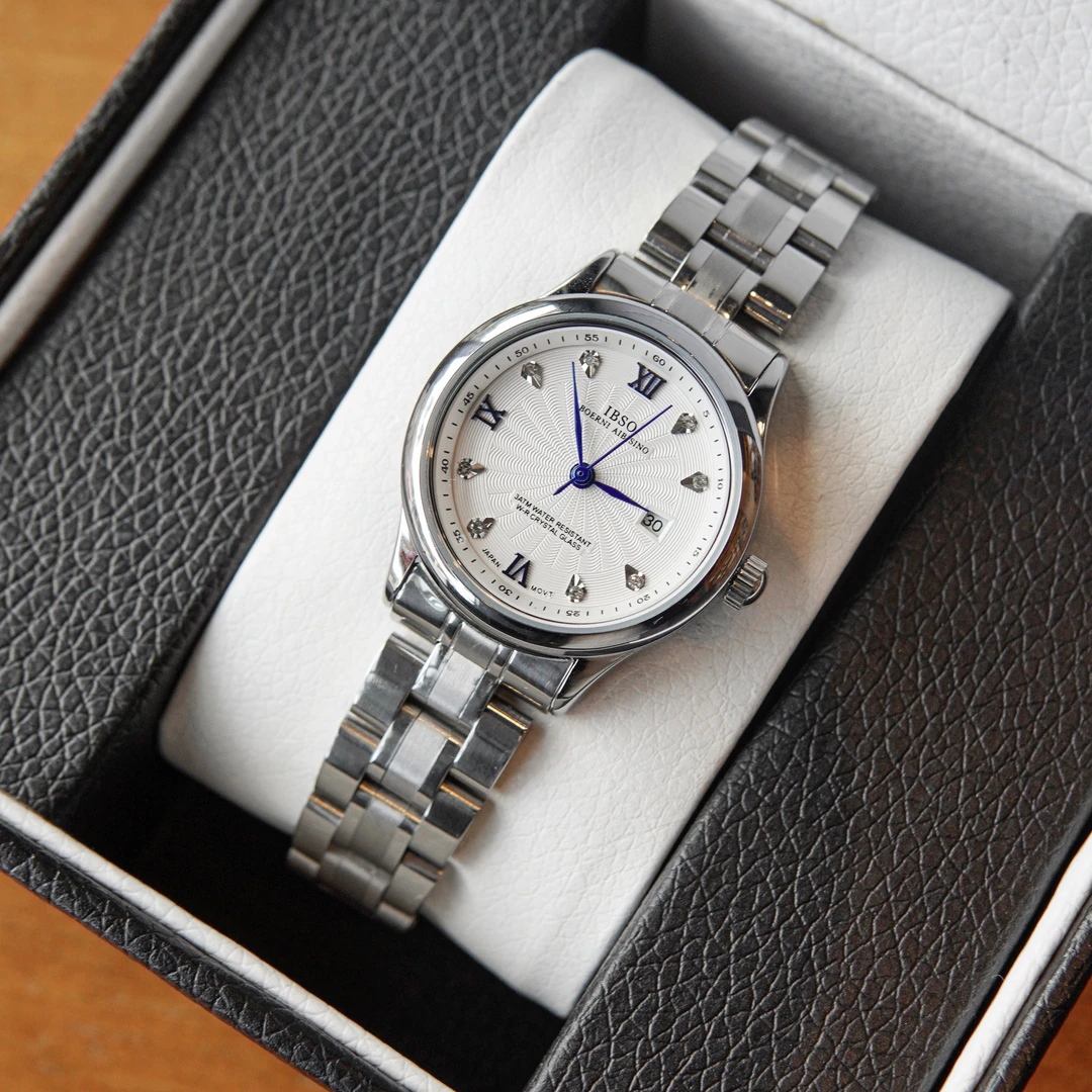 G802*简约蓝针*IBSO全自动机械表带日历镶钻经典百搭高端防水腕表