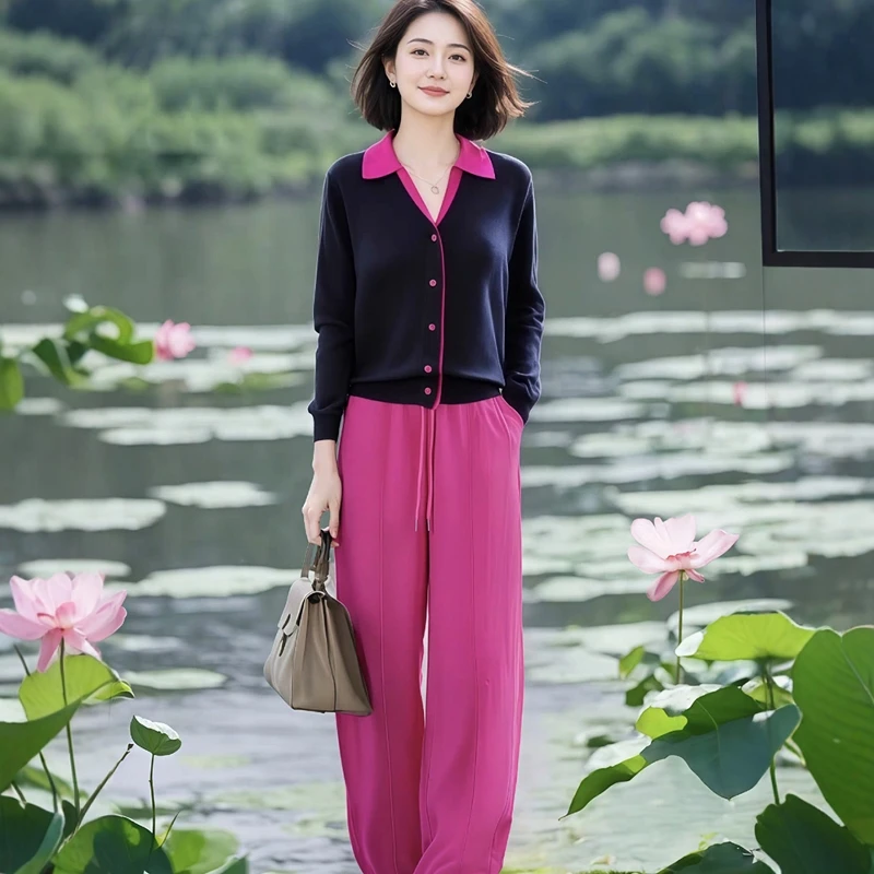 高级感拼接撞色长袖针织衫上衣女2025春秋季新款显瘦直筒裤两件套