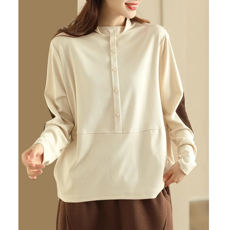 时尚德绒上衣女式半高领排扣贴布长袖内搭米白色长袖套头打底T恤