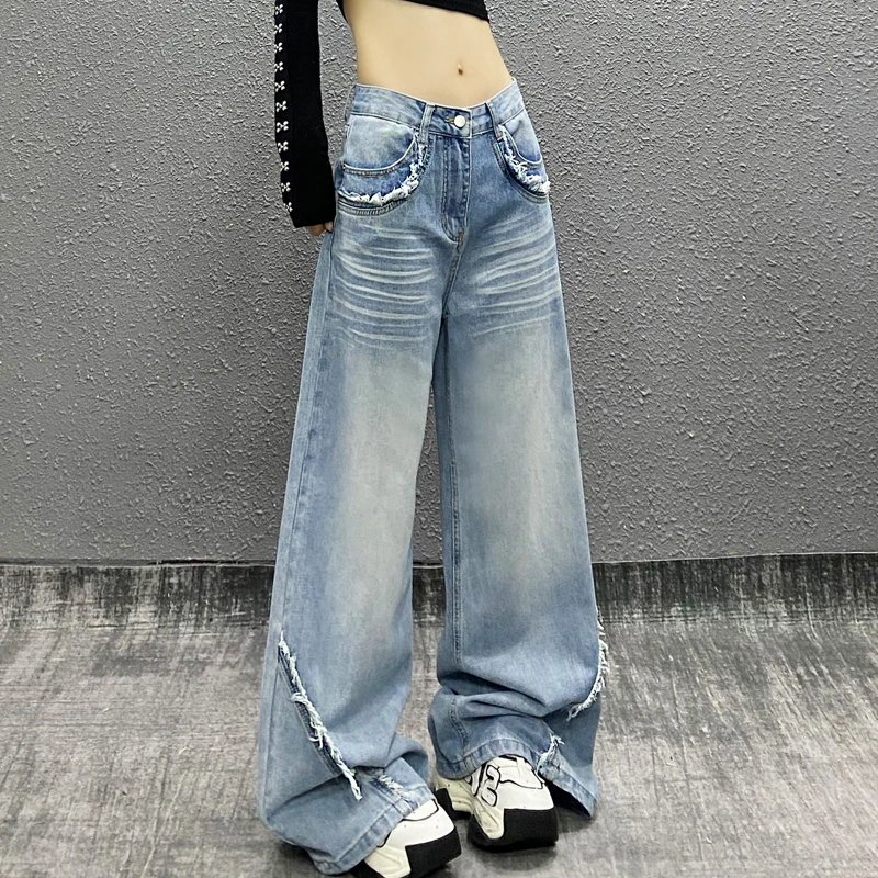个性毛边口袋拼接设计牛仔裤女春新款高腰宽松显瘦百搭直筒阔腿裤