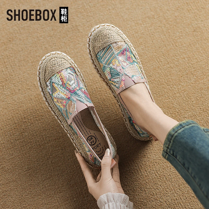 SHOEBOX鞋柜镂空蕾丝刺绣珠片草编渔夫鞋女2025夏季新款平底单鞋