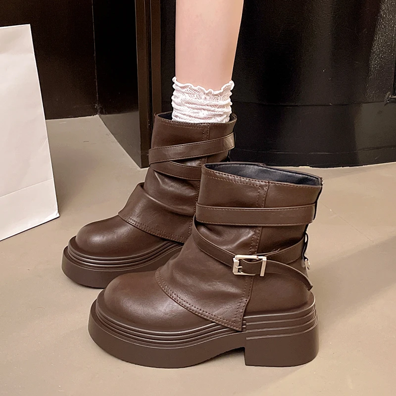棕色美拉德厚底马丁靴女款2025新款秋季单靴短靴增高堆堆裤管靴子