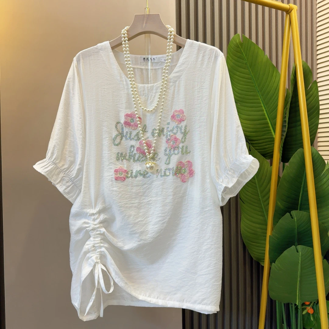 时尚欧货夏季新款大码胖妹妹烫钻花朵洋气抽褶设计T恤衣长74左右