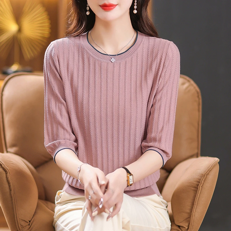 2025春秋新款七分袖洋气上衣女中袖冰丝针织衫打底圆领小衫AA-001