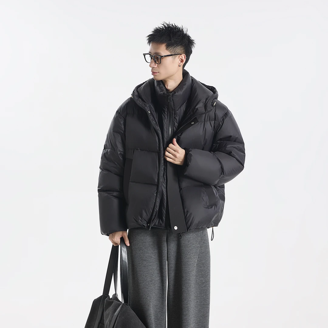 GCCDUPE77『冬日来信』90白鸭绒压胶门襟拼接假两件连帽面包羽绒服