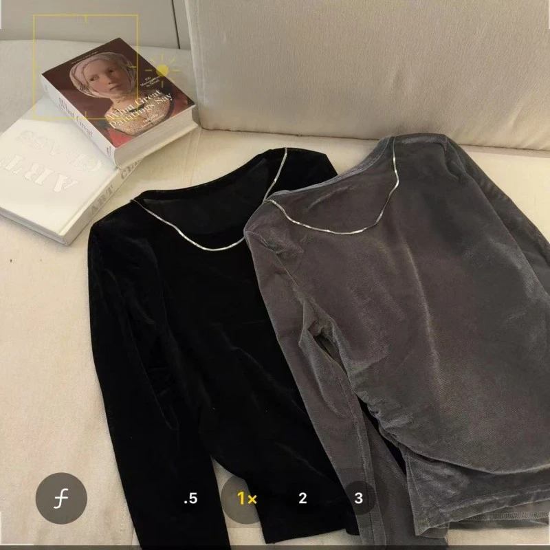 【萍萍推荐】早秋款 圆领重工链条弹力网面上衣时尚修身压褶长袖T