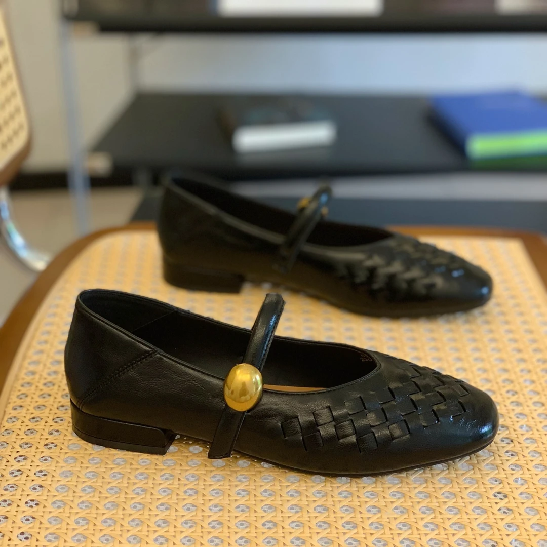 小众编织高级感浅口单鞋2025年秋季新款平底一字带方头玛丽珍女鞋