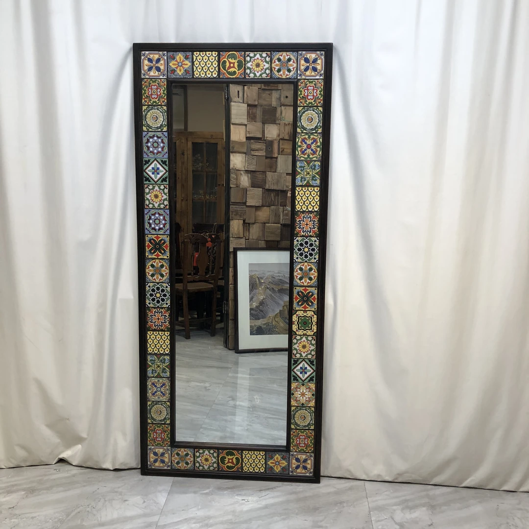 070博瑞奇老榉木彩瓷落地镜复古雕花全身镜08944