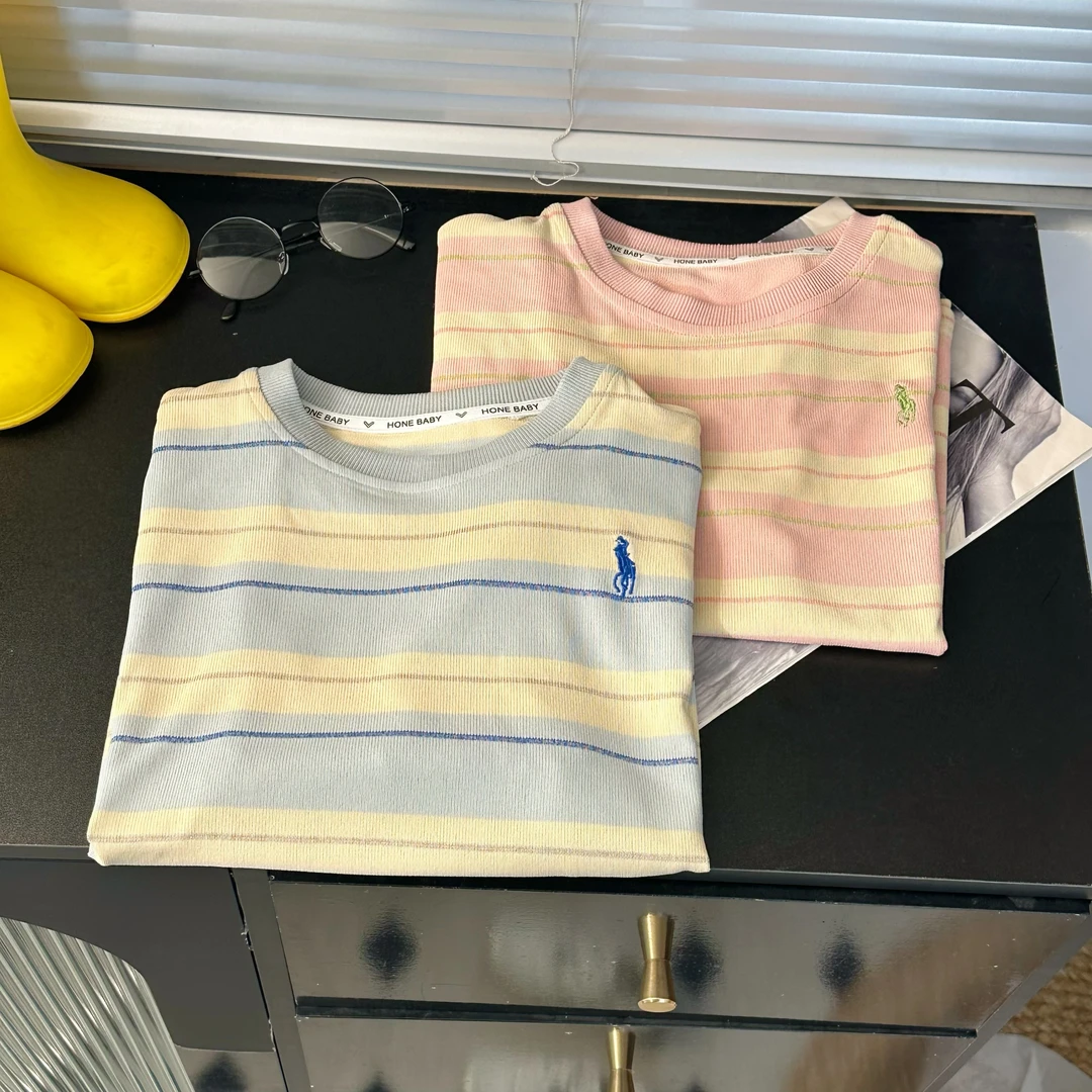 新款夏款条纹25款儿童男童女童中性百搭款螺纹拼接T恤