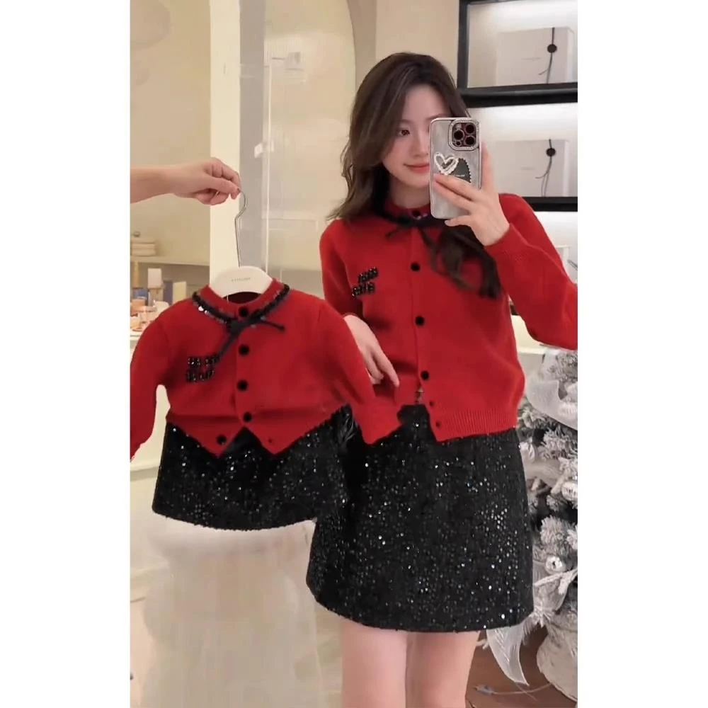 深冬装搭配一整套过年新年战袍小香风套装红色毛衣针织连衣裙子女