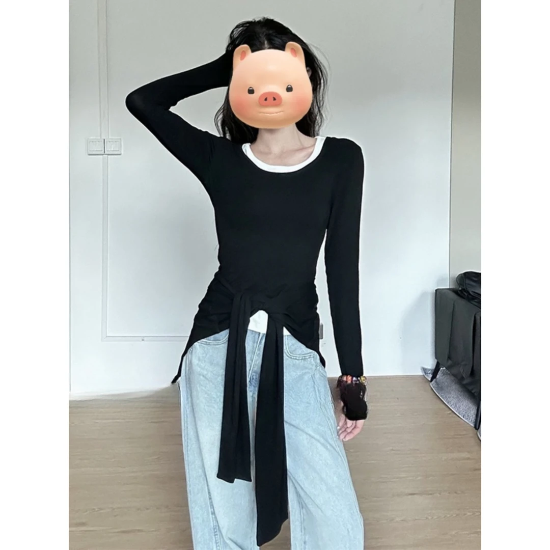 黑色假两件露肩针织长袖t恤女早春季收腰气质内搭设计感短款上衣