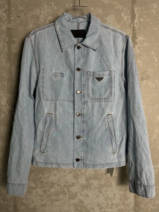 未使用 Prada/普拉达 L*1/浅蓝亚麻珐琅三角标工装外套/08992/JP