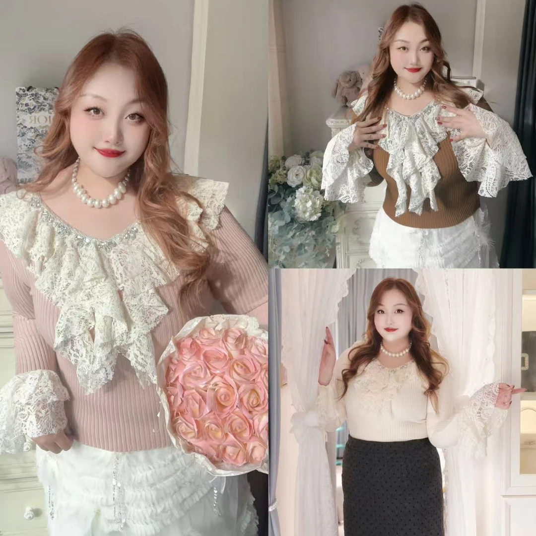 【皇家乐团】钻石家大码轻奢复古宫廷双蕾丝边打底毛衫毛衣 DMS2440