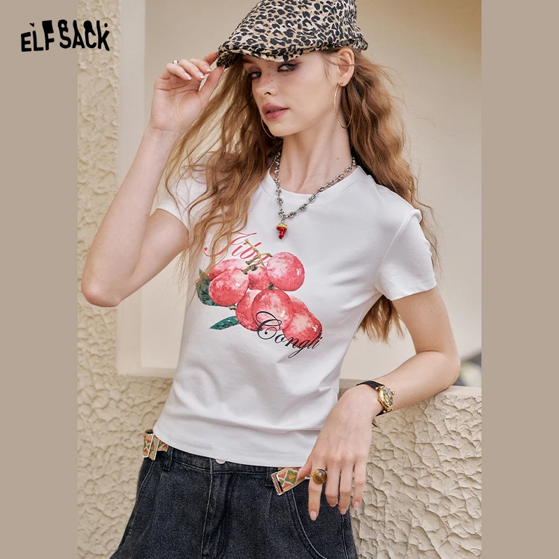 妖精的口袋白色印花正肩短袖t恤2025夏修身显瘦休闲上衣25205385