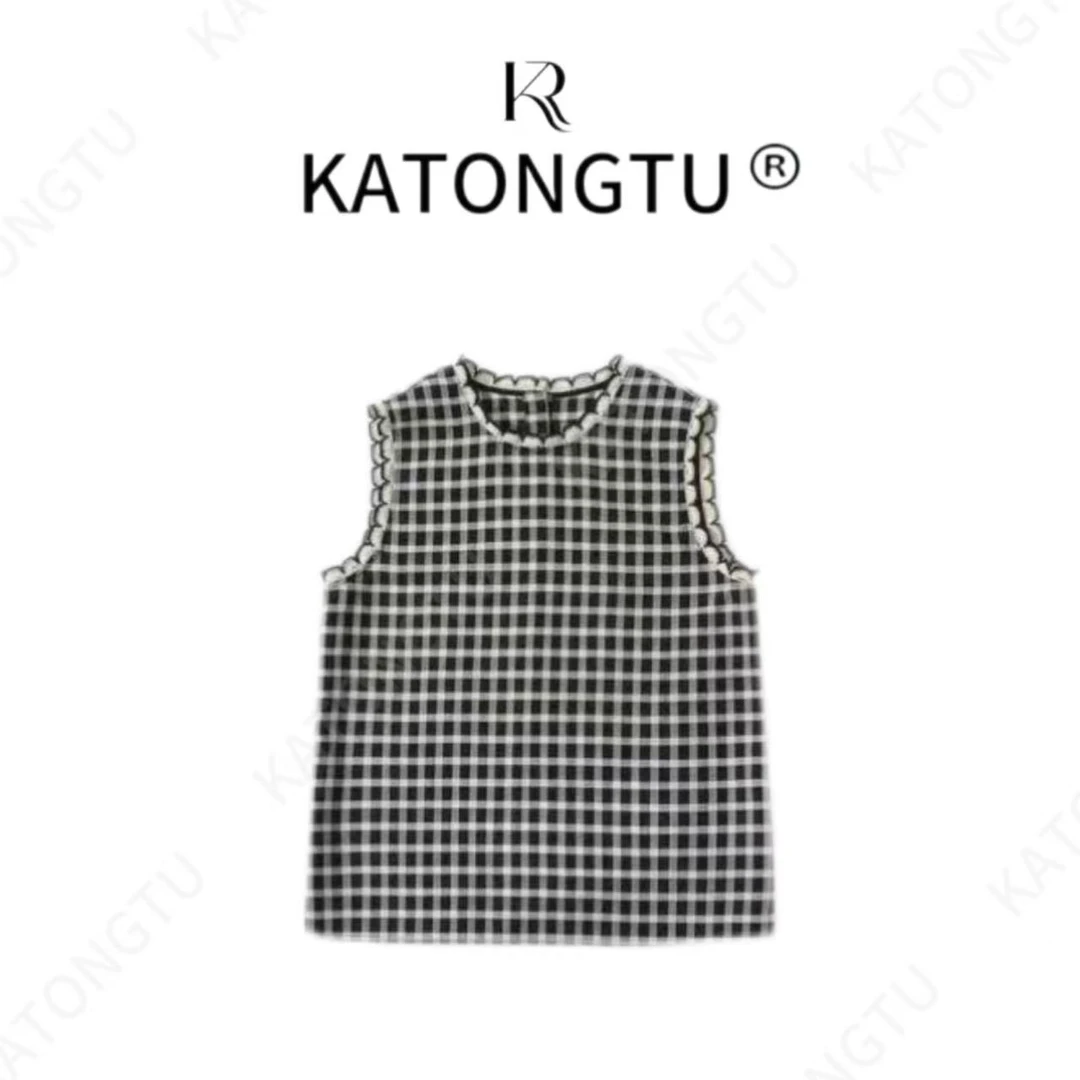 KATONGTU 【方格纹】25新款醋酸天丝棋盘格花边马甲 DM2504005