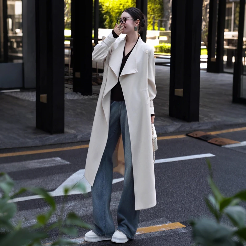 现货2025时尚风衣女秋季新款英伦风可调节宽松慵懒过膝中长款大衣