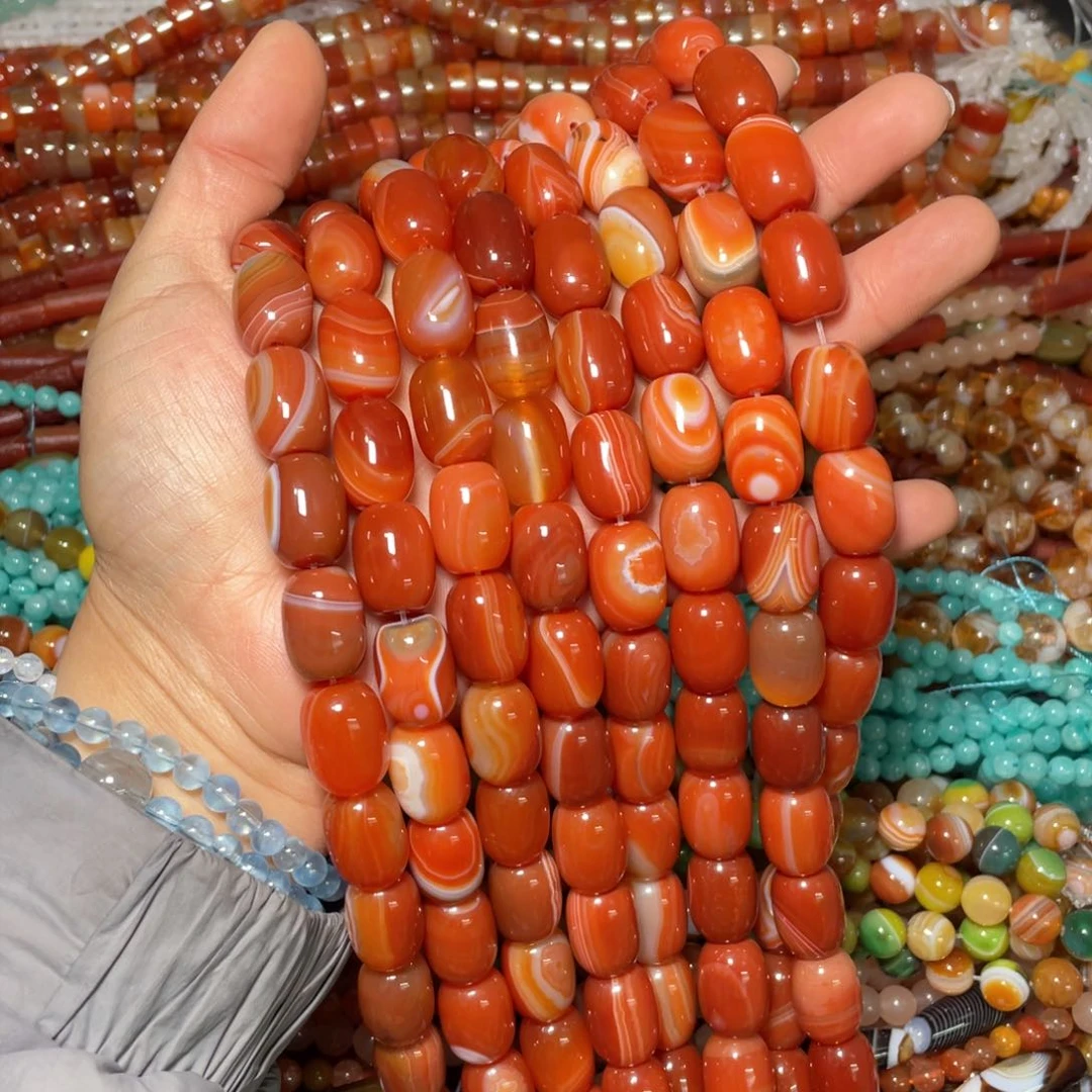 查罗石珠宝半成品合金13/18红蚕丝桶珠