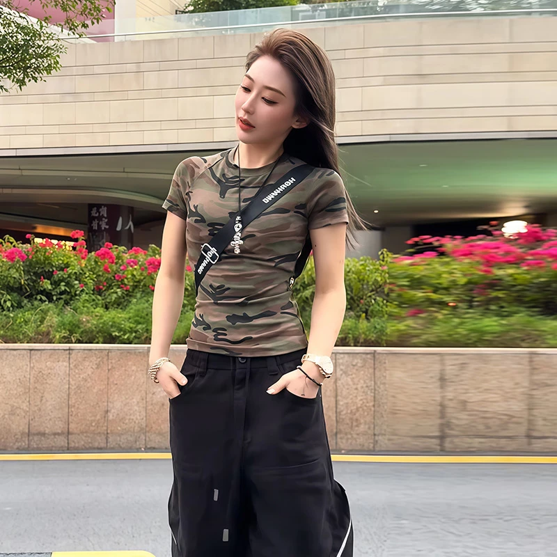 潮酷时尚修身显瘦迷彩短袖T恤女2025春夏季新款洋气百搭减龄上衣