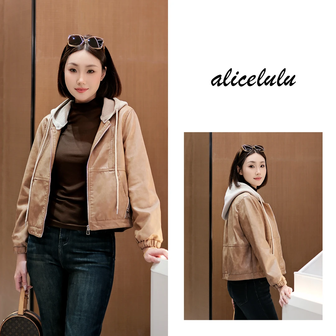 5 ALICE “有型博主”短外套 酷飒皮质 针织连帽 S2141995Tr