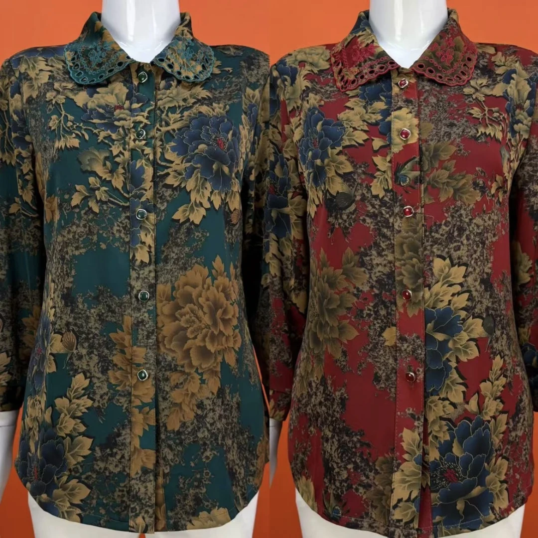 夏季中老年妈妈装镂空刺绣翻领透气衬衫印花短外套