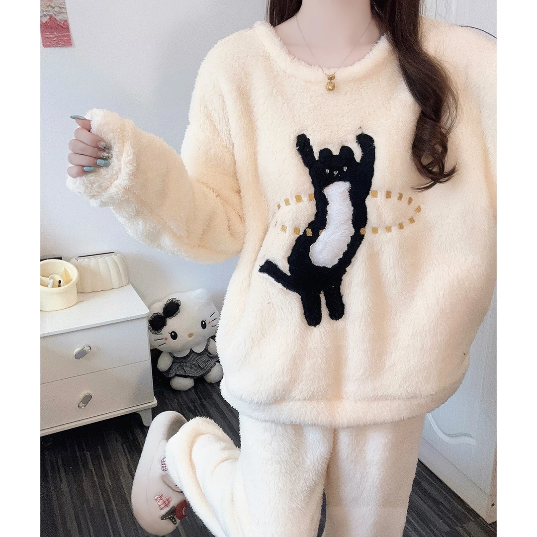 秋冬季睡衣女款卡通小猫2025新款长毛绒学生套装加厚珊瑚绒家居服