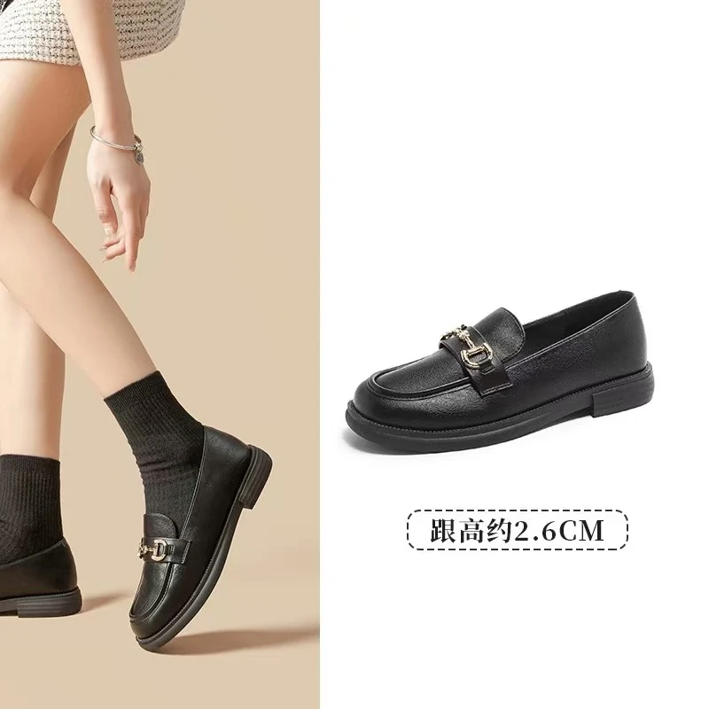时尚乐福女鞋春季新款鞋子女鞋百搭黑色圆头小皮鞋2758