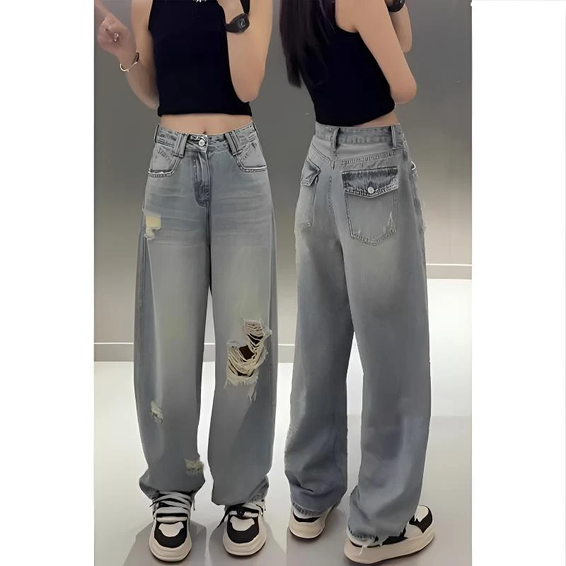 破洞阔腿裤牛仔裤女夏季新款浅色显瘦萝卜裤女弯刀裤小个子香蕉裤