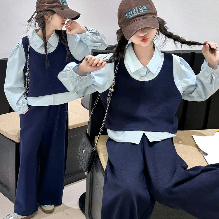 女童秋装套装2025新款中大童春秋季假两件卫衣裤子洋气穿搭两件套