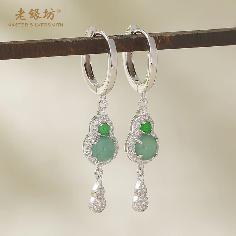 【老银坊】s925银翡翠圆珠满镶葫芦耳扣 0015380
