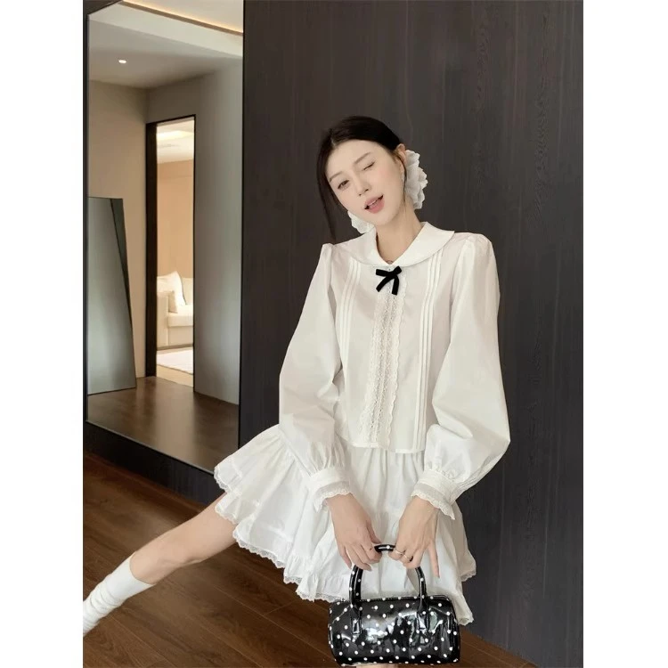初春穿搭套装女高级感衬衫女娃娃领减龄长袖上衣甜美半身蛋糕裙
