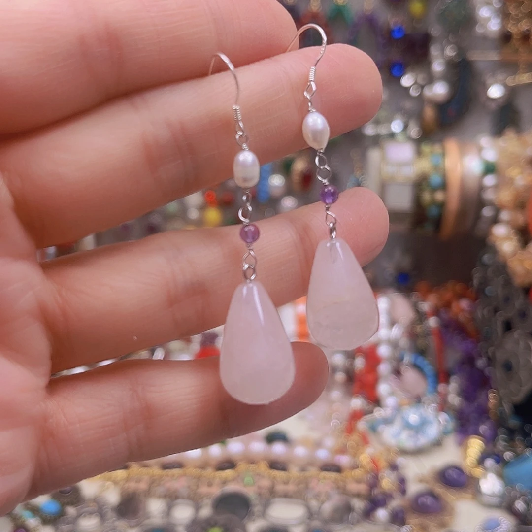 锌合金合金925耳勾粉色水滴耳坠
