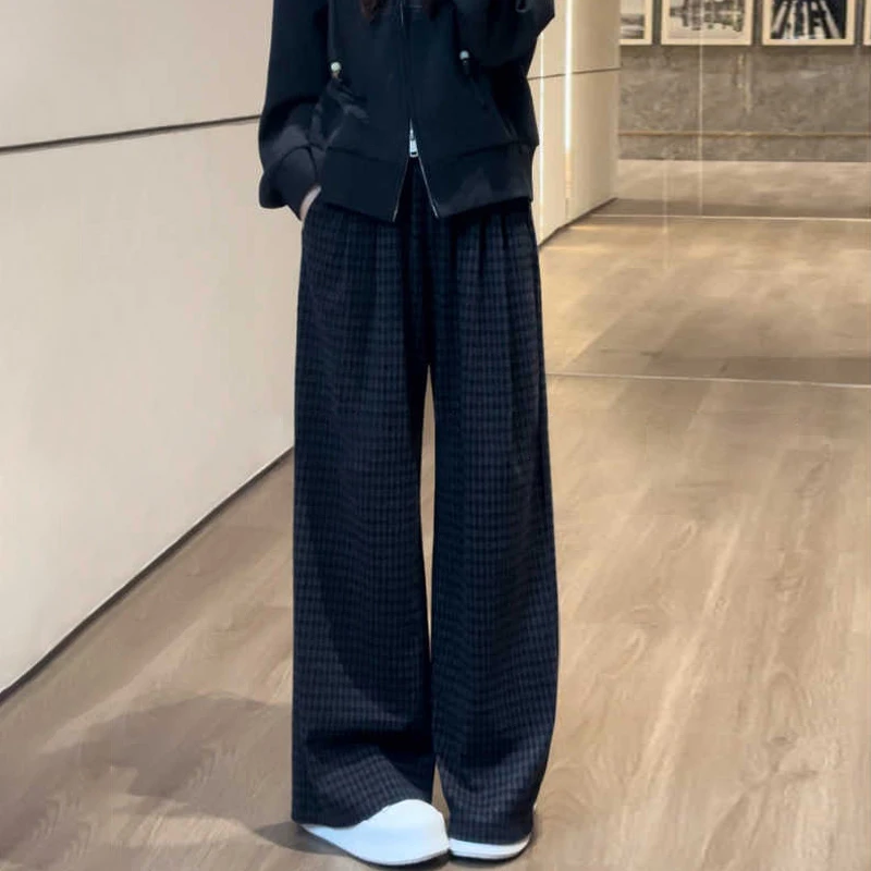 2025春秋季新款女士时尚洋气宽松百搭慵懒感松紧腰阔腿休闲格子裤