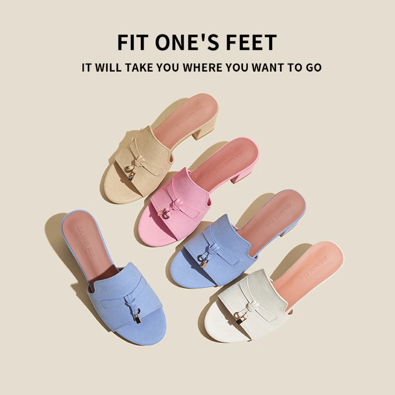 羊皮版~小金扣真皮一字高跟拖鞋女法式小凉拖粗跟中跟半拖鞋半托