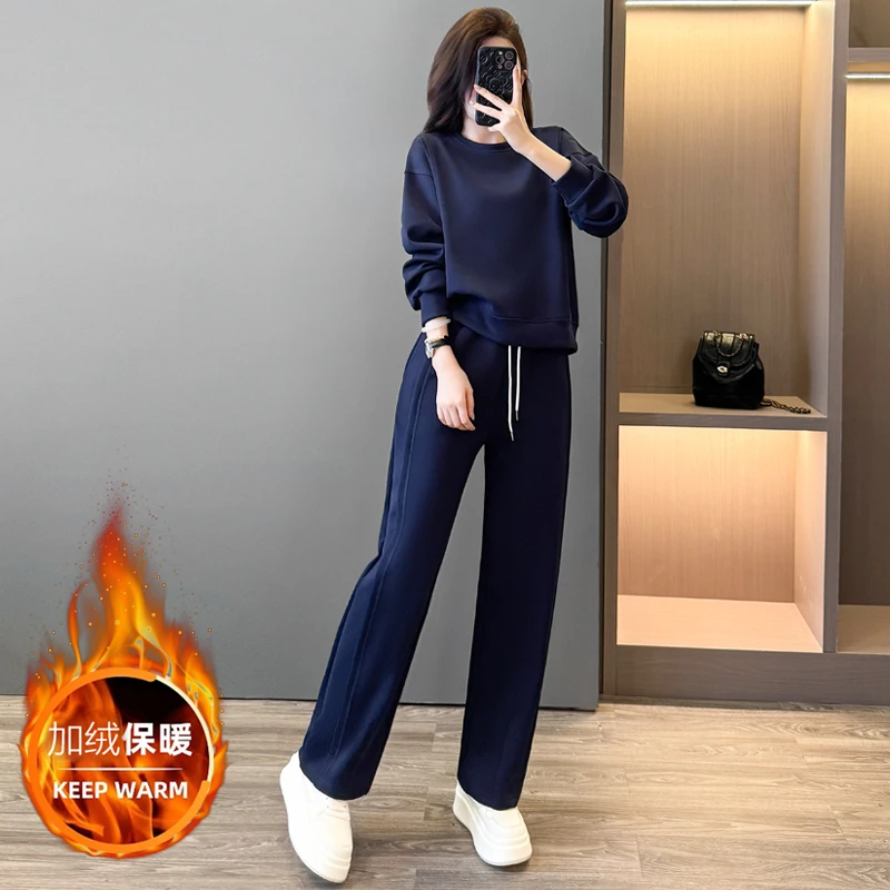 女式简约加绒休闲套装秋冬季时尚洋气减龄卫衣宽松显瘦加厚两件套