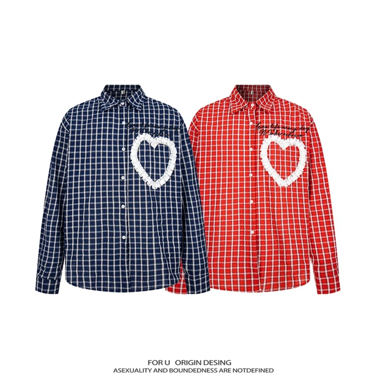 FOR U 原创国潮美式复古格子多巴胺长袖衬衫宽松情侣休闲百搭衬衣