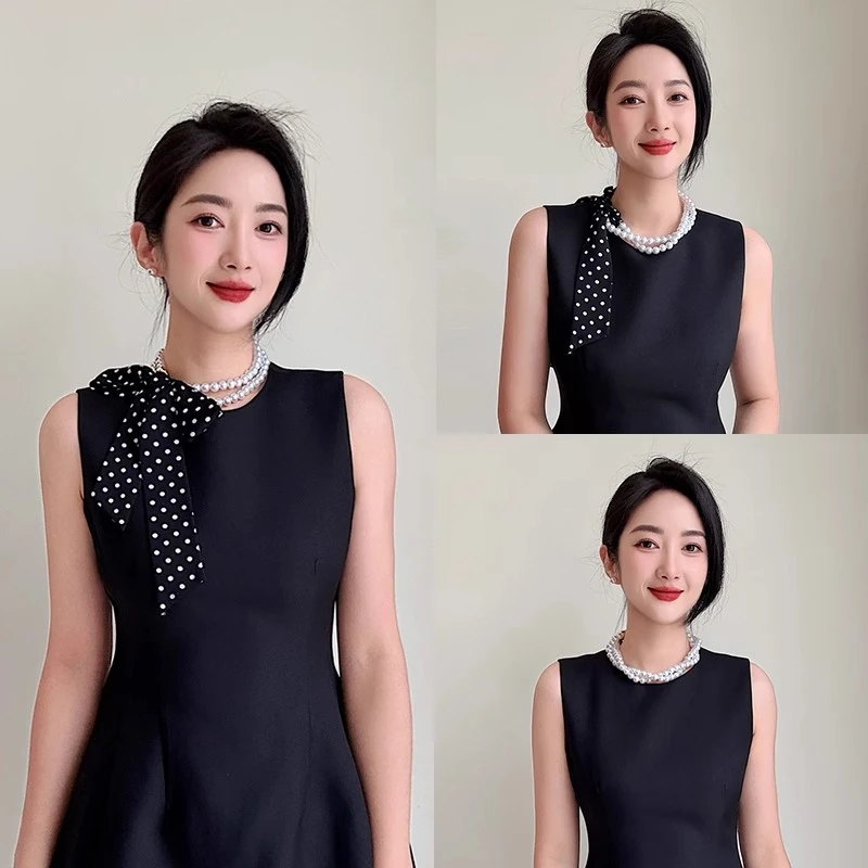春夏珍珠项链长条小丝巾女飘带百搭高级感领巾复古薄款围巾锁骨链