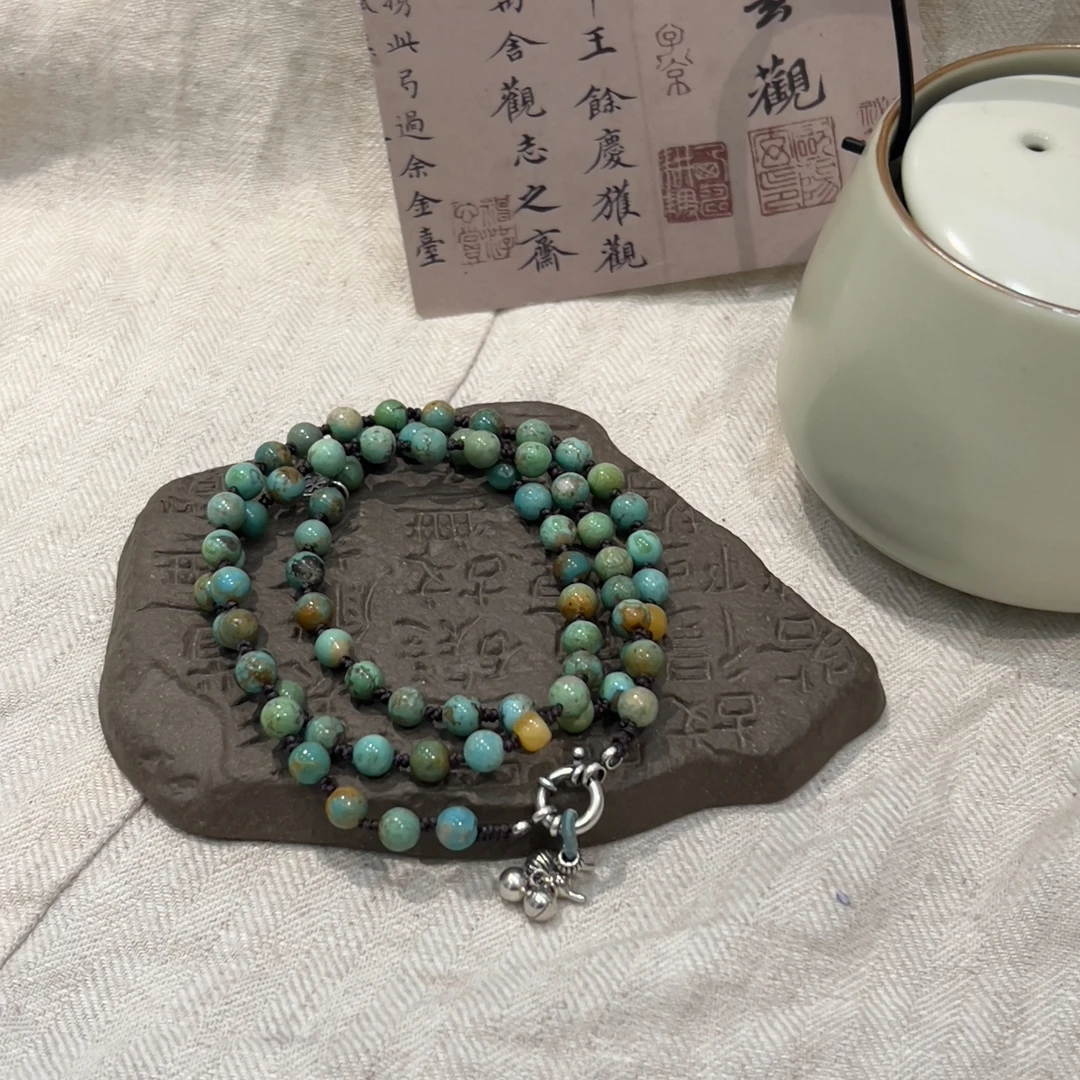 N17910<非晚>S925银绿松石圆珠蜜蜡葫芦铃铛吊坠吉字吊牌项链