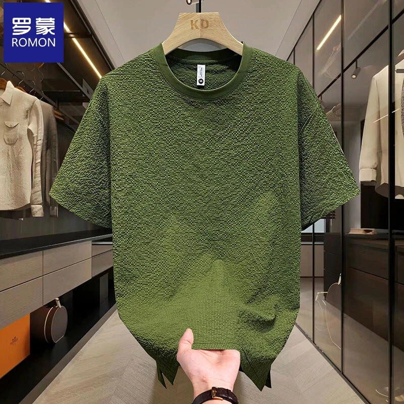 罗蒙2025男士夏季轻奢新款肌理感微宽松下摆开叉百搭透气短袖T恤
