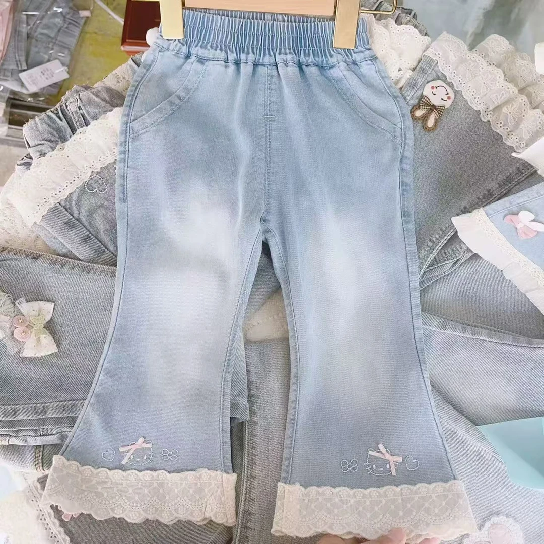 童装女童夏装长裤子儿童蕾丝天丝牛仔裤女宝宝喇叭裤小女孩防蚊裤