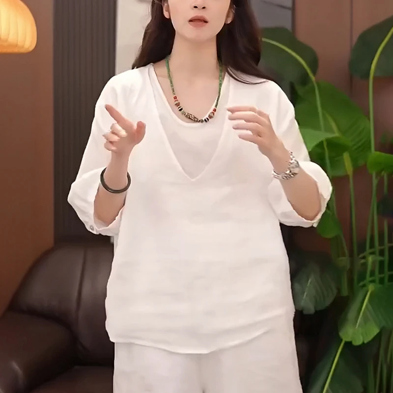 休闲v领短袖t恤女2025夏季宽松时尚减龄遮肉设计感假两件气质上衣